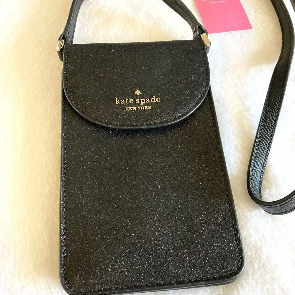 NWT Kate Spade Joeley North South Crossbody Black Glitter Mini Phone